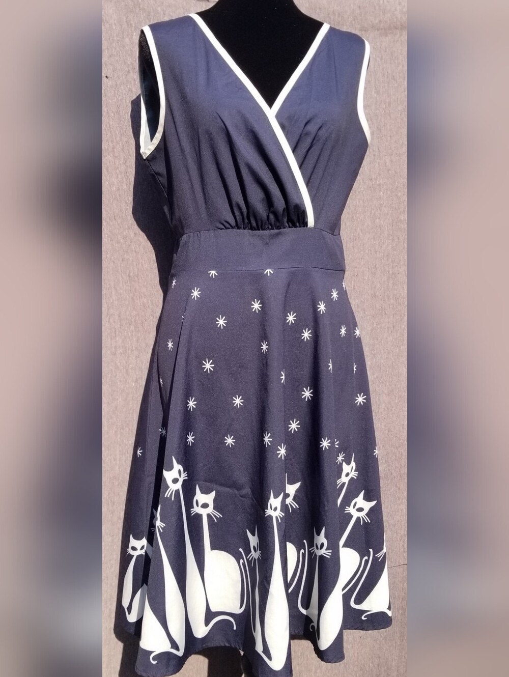 Women's Navy V- Neck Cat Print Dress White Trim Fun Pattern Sleek Unique